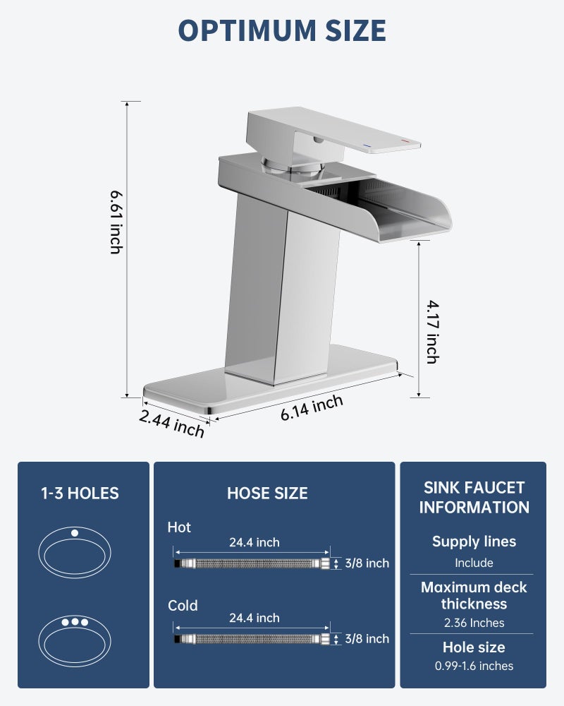 BATHLAVISH Waterfall Bathroom Faucet One Hole, Chrome Modern Single Handle Bathroom Faucets for 1 or 3 Hole Bathroom Sink Faucet Washbasin Faucet Mixer Tap with Deck and 2 Hoses - Image 2